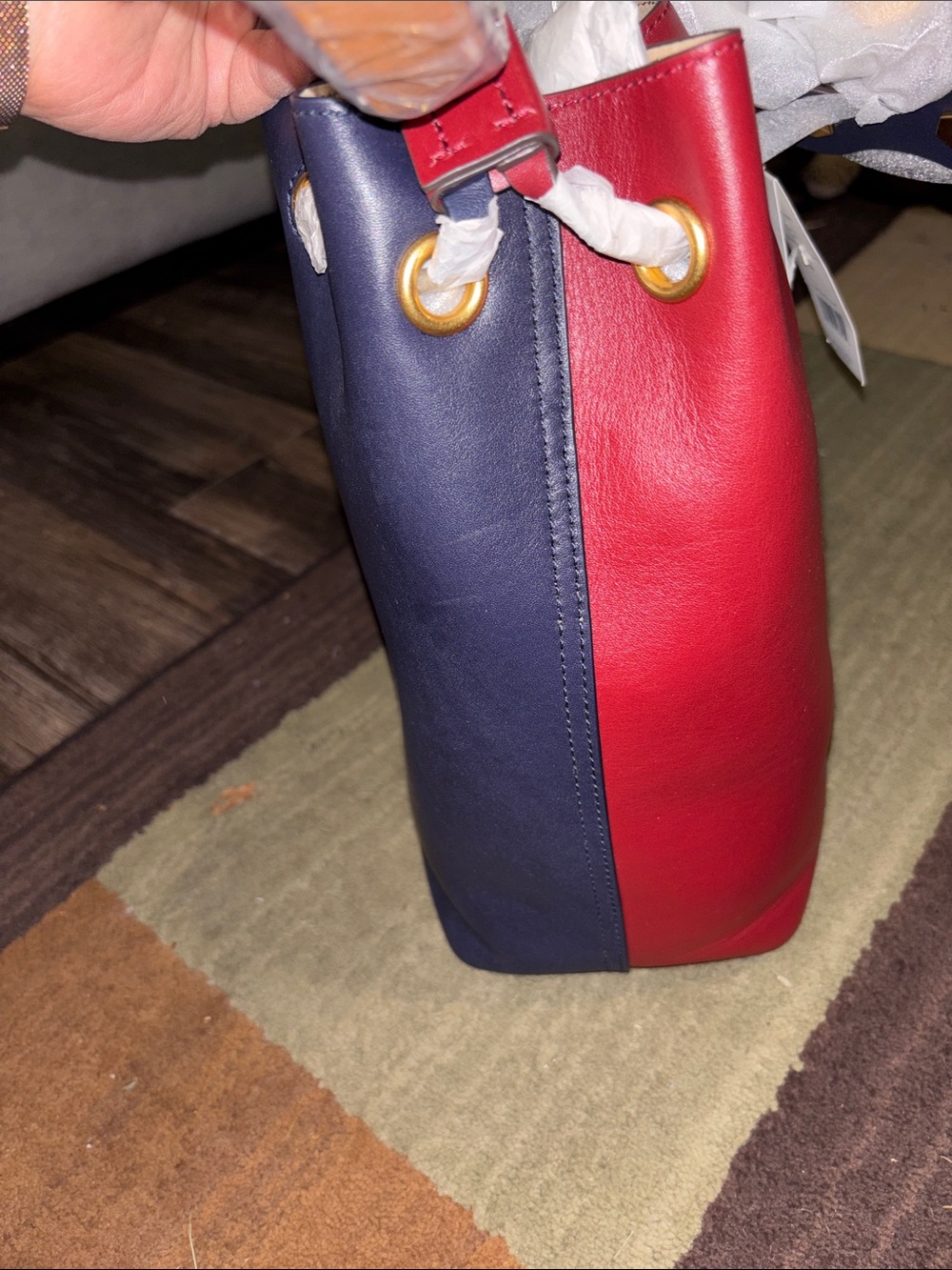 Tory Burch Red and Blue Drawstring Bucket Bag - Picture 4 of 10